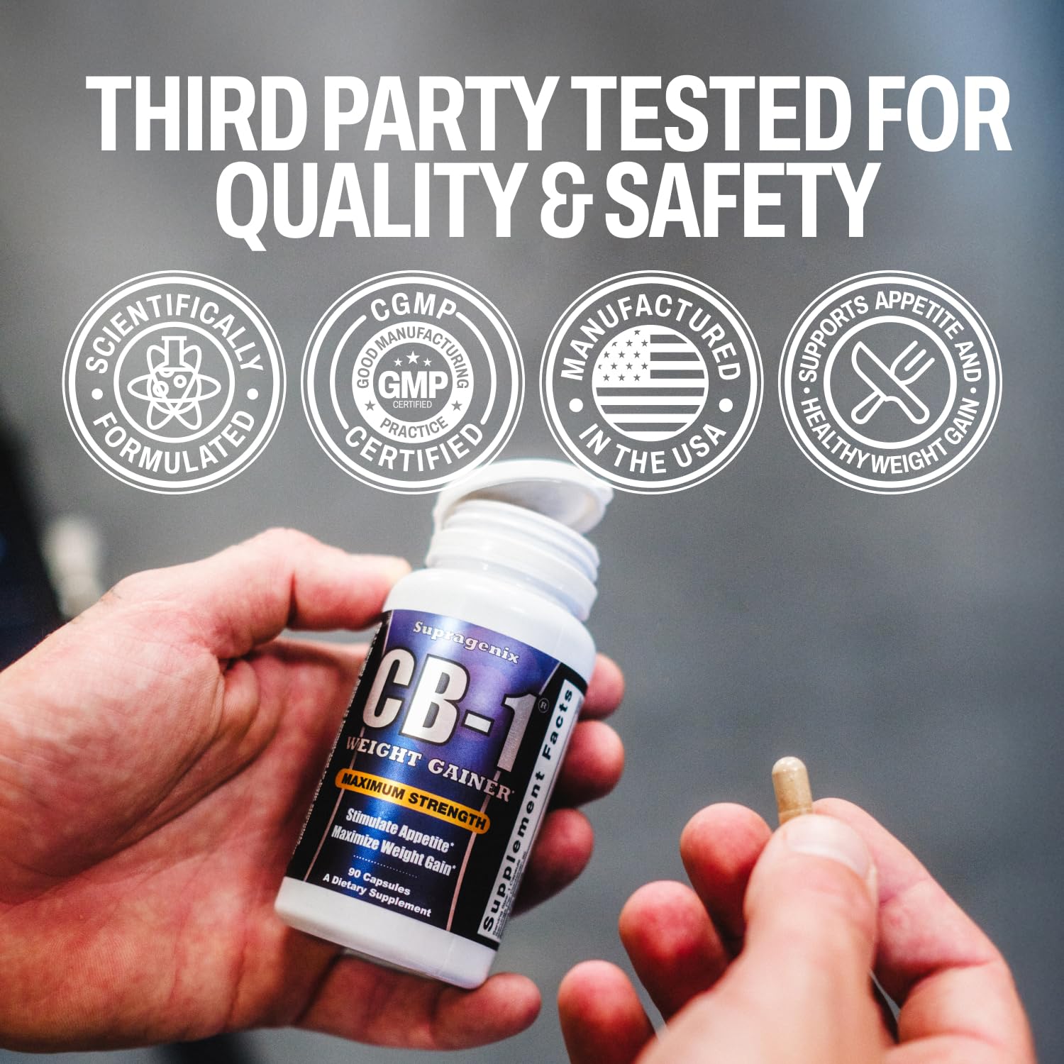 Supragenix CB-1 packaging with clinical-test badge communicates research-backed context.