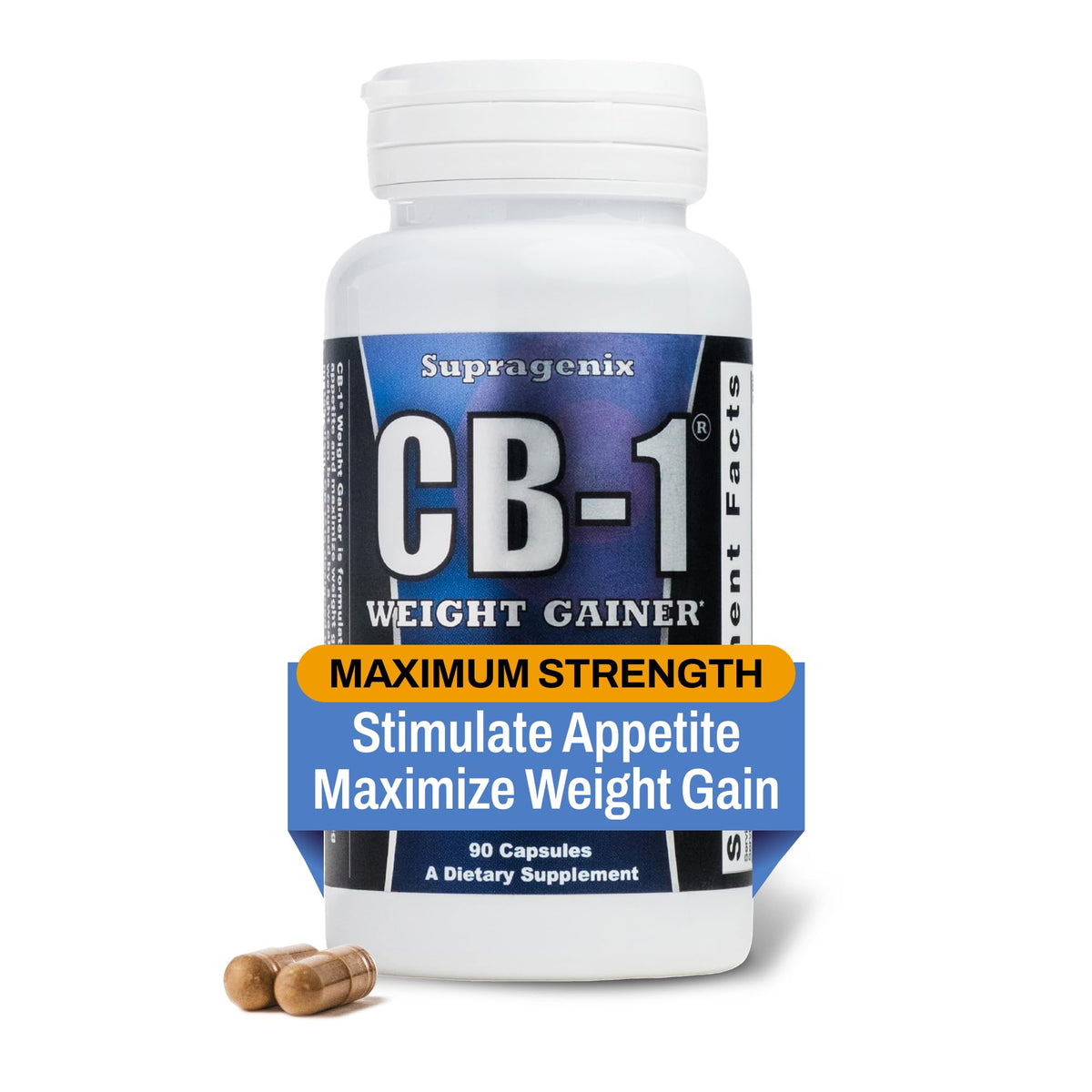 Supragenix CB-1 weight gainer bottle with capsules supports steady appetite and mass gain.