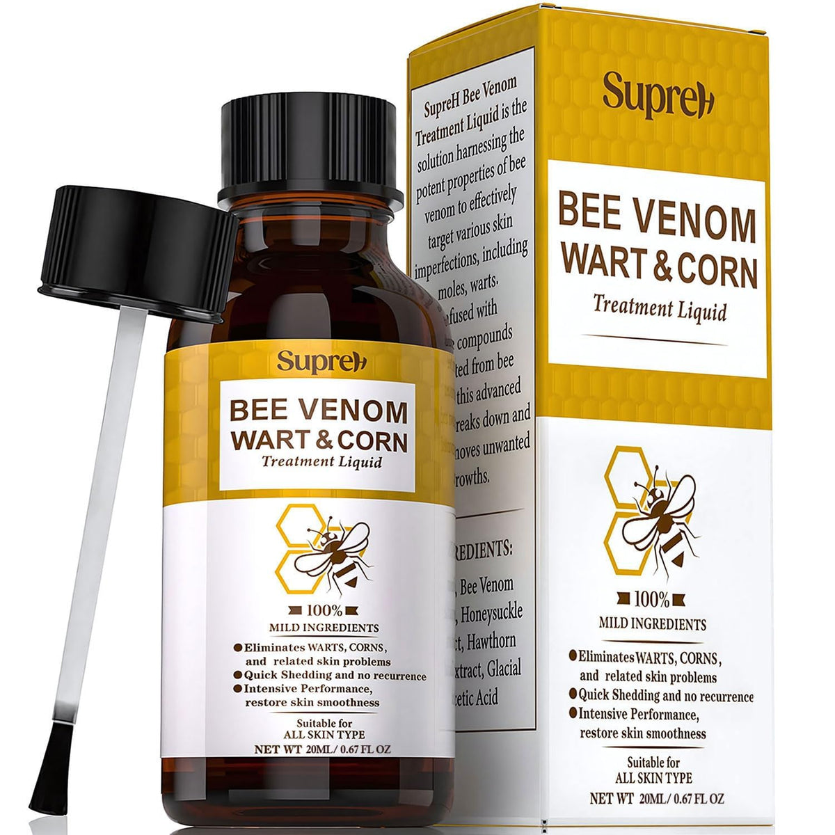 SupreH fast-acting wart remover bottle with precision cap for targeted application.