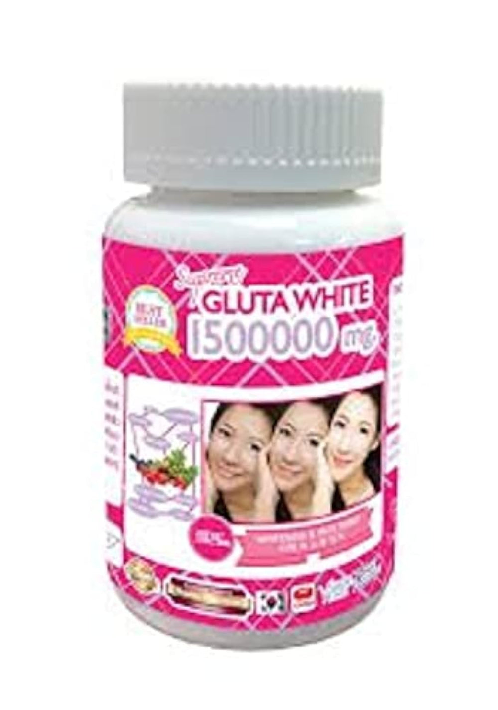 Supreme Gluta White bottle close-up, showcasing softgels for radiant skin support.