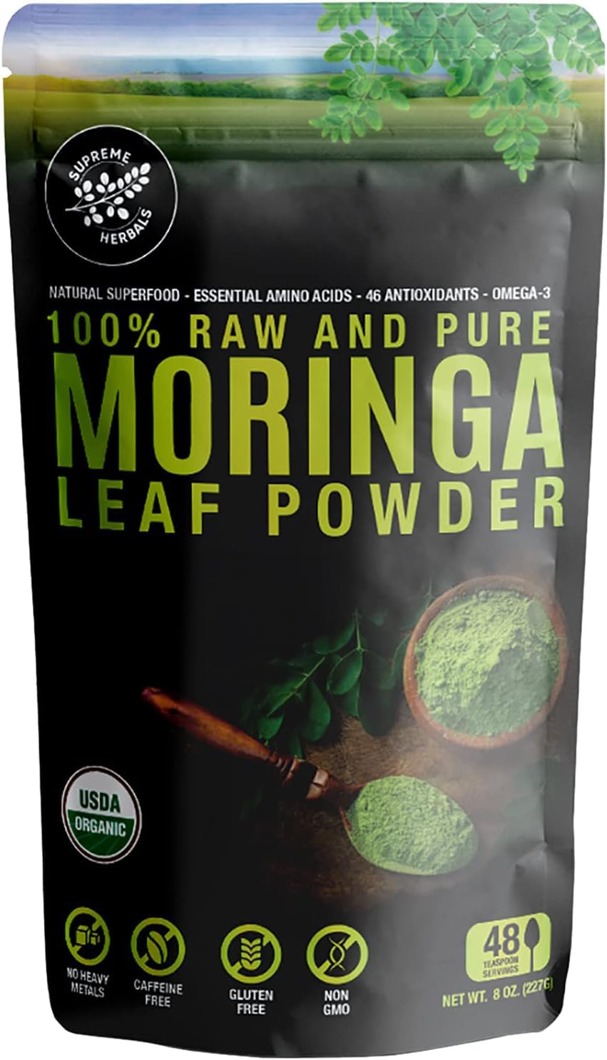 Supreme Herbals moringa leaf powder bag highlighting daily energy and nutrition.