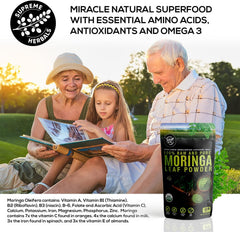 Supreme Herbals moringa powder label featuring USDA Organic certification.