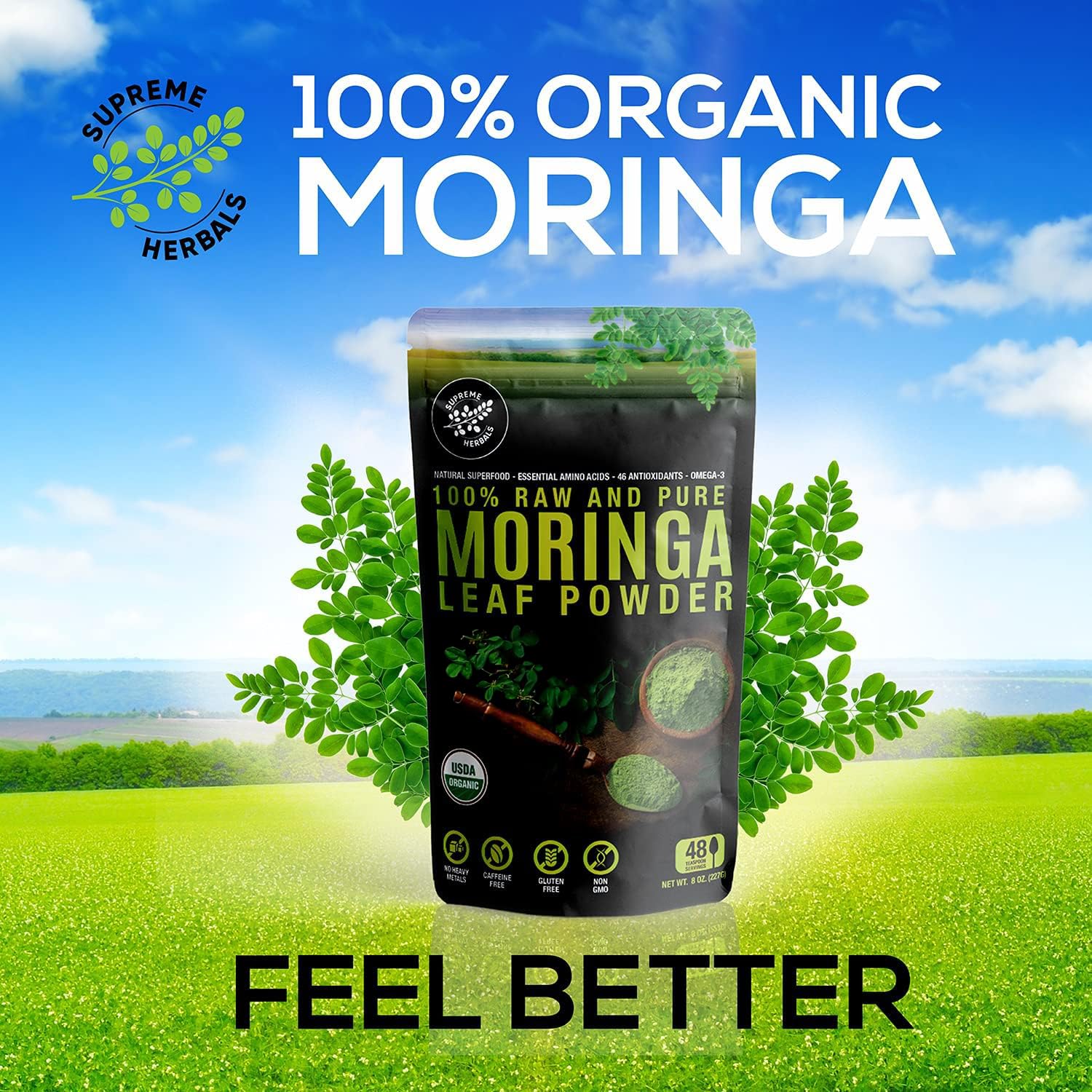 Supreme Herbals moringa powder texture close-up reveals fine vibrant green powder.