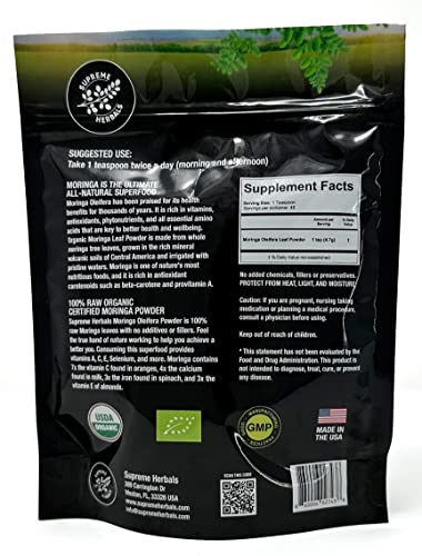 Supreme Herbals organic moringa powder jar showing pure, non-GMO formula.