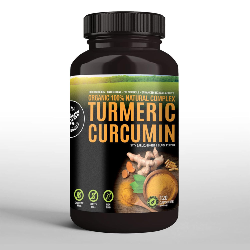 Supreme Herbals organic turmeric label emphasizes certified organic and non-GMO