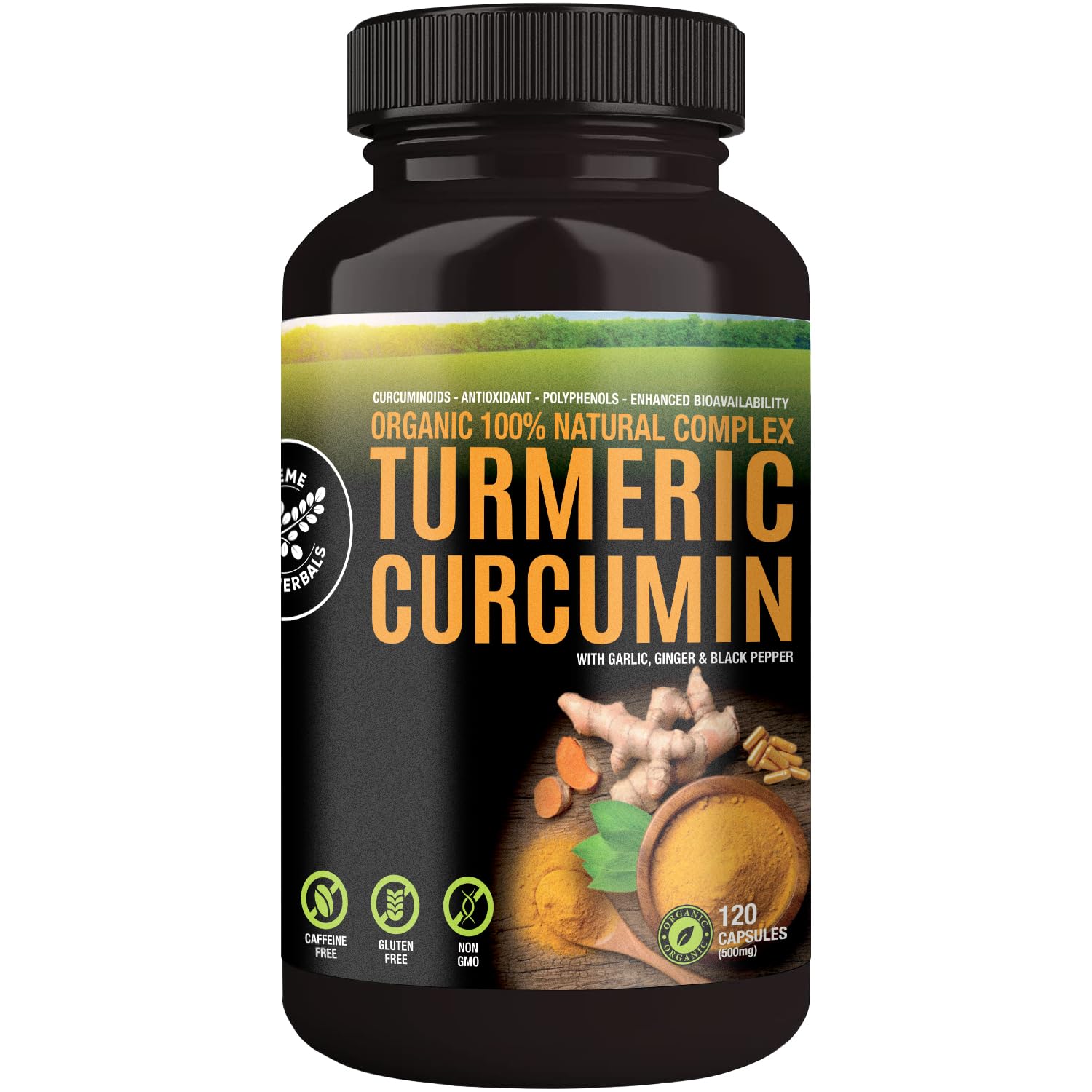 Supreme Herbals turmeric capsules bottle for daily organic wellness