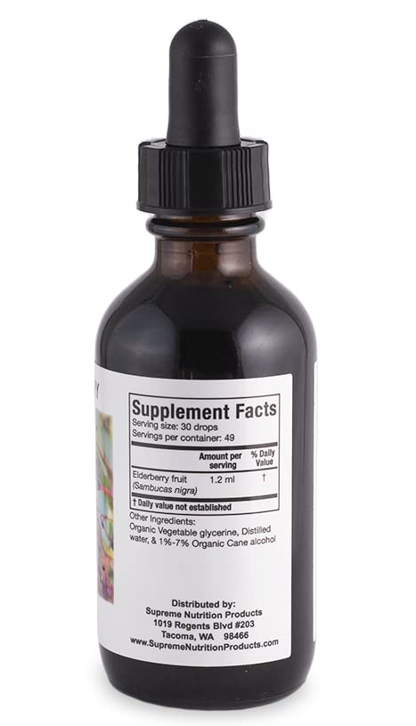 Elderberry tincture label showing ingredients and cGMP quality standards