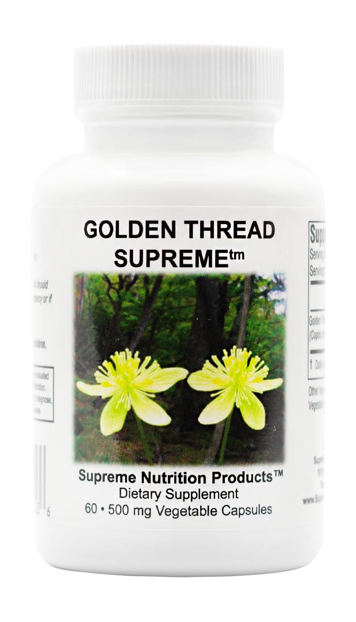 Supreme Nutrition Golden Thread bottle close-up, 60 vegetarian capsules, for daily wellness support.