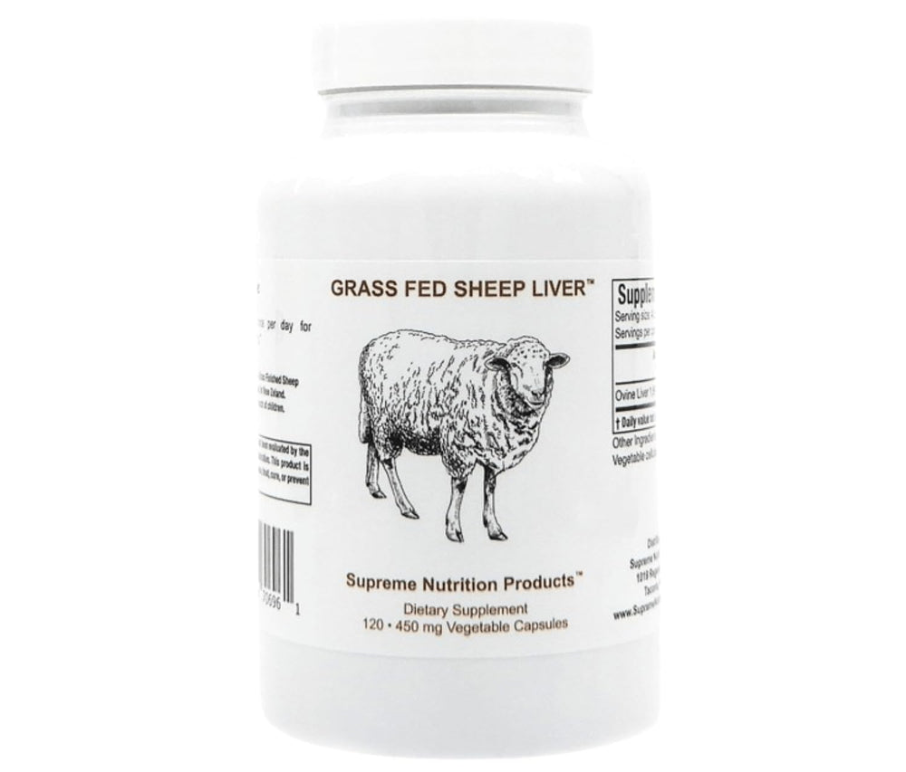 Supreme Nutrition Grass-Fed Sheep Liver bottle with pure ovine capsules for daily nourishment