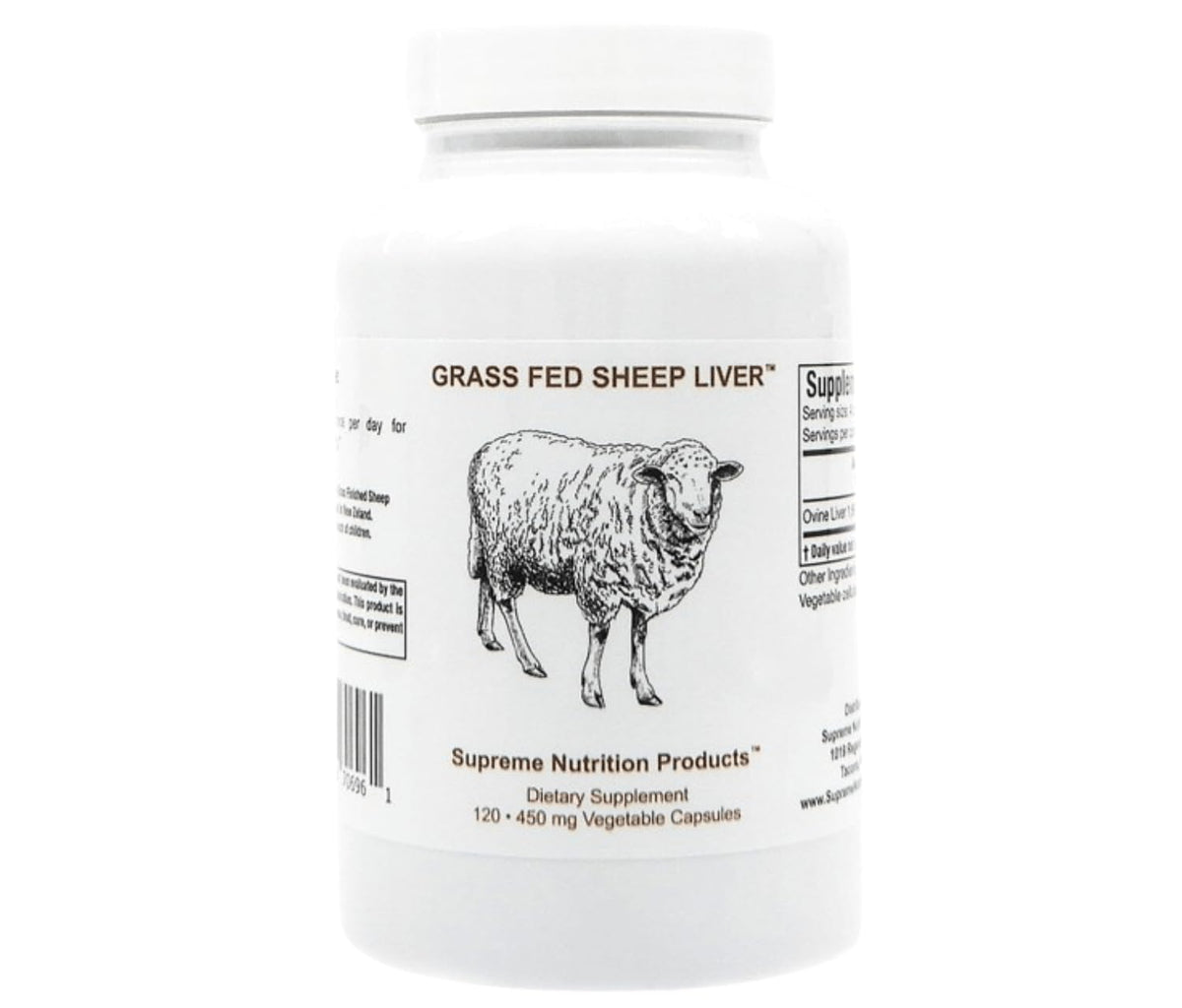 Supreme Nutrition Grass-Fed Sheep Liver bottle with pure ovine capsules for daily nourishment