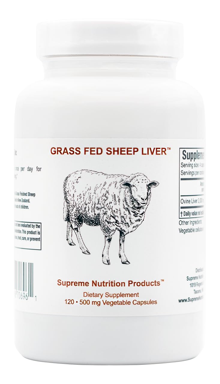 Supreme Nutrition Grass-Fed Sheep Liver capsules bottle for daily supplementation.
