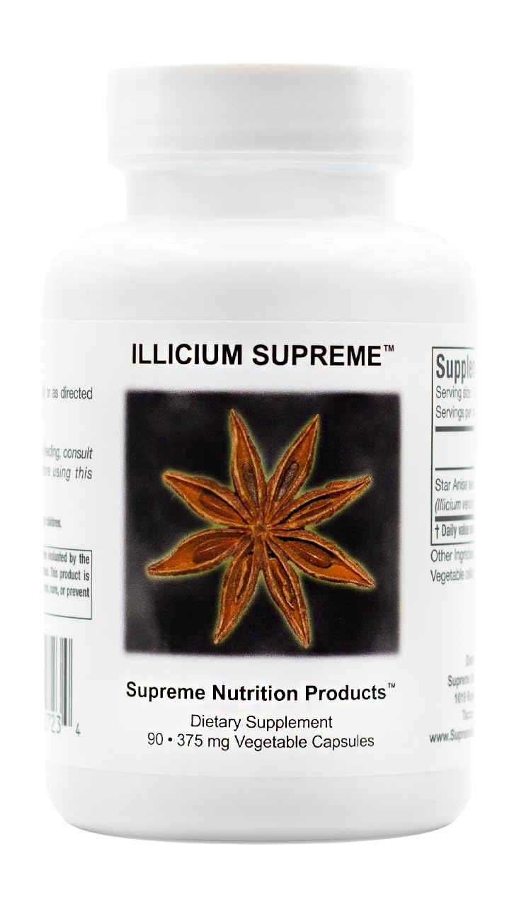 Supreme Nutrition Illicium star anise capsules in a bottle show a pure vegetarian formula.