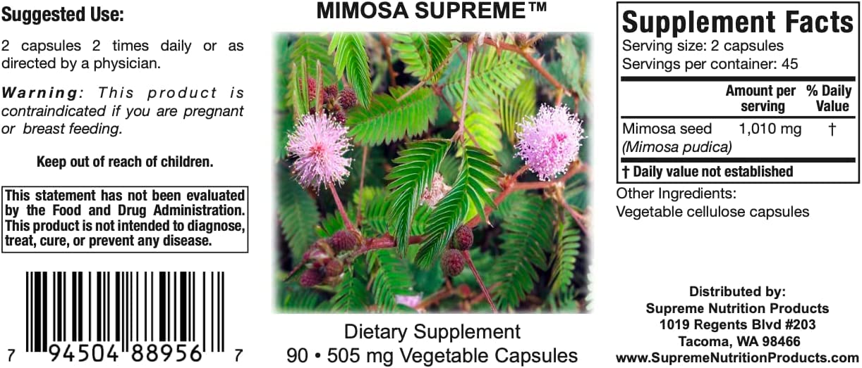 Supreme Nutrition Mimosa Supreme label close-up highlighting purity and no fillers.