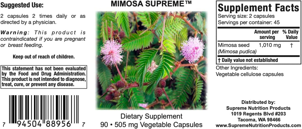 Supreme Nutrition Mimosa Supreme label close-up highlighting purity and no fillers.