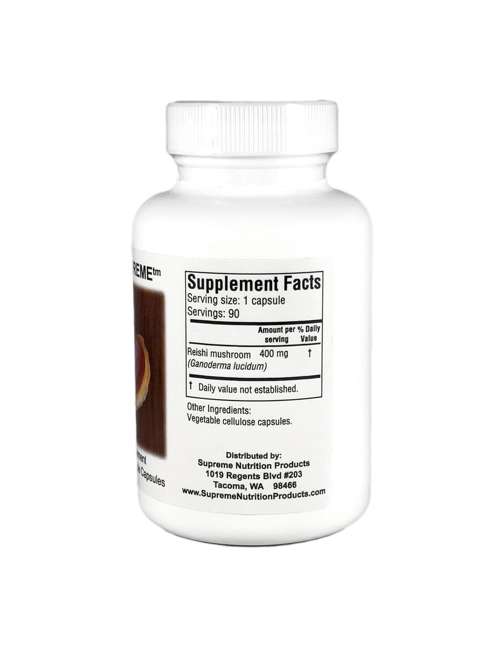 Supreme Nutrition Products Reishi Supreme capsules on the label emphasize 100% pure Ganoderma for everyday wellness.