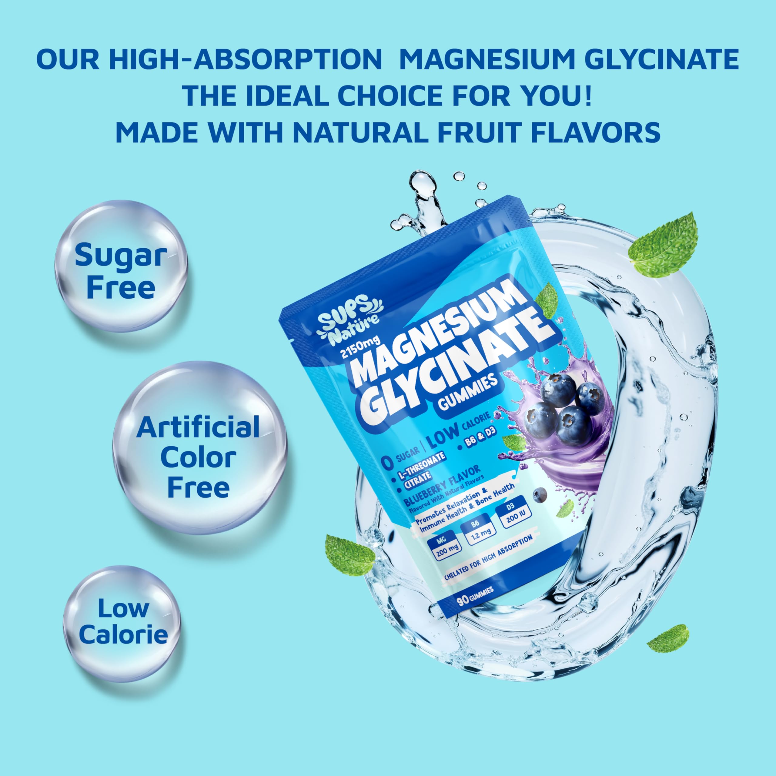 Sups Nature Magnesium Glycinate Gummies bottle closeup highlights blueberry flavor and easy chewing.