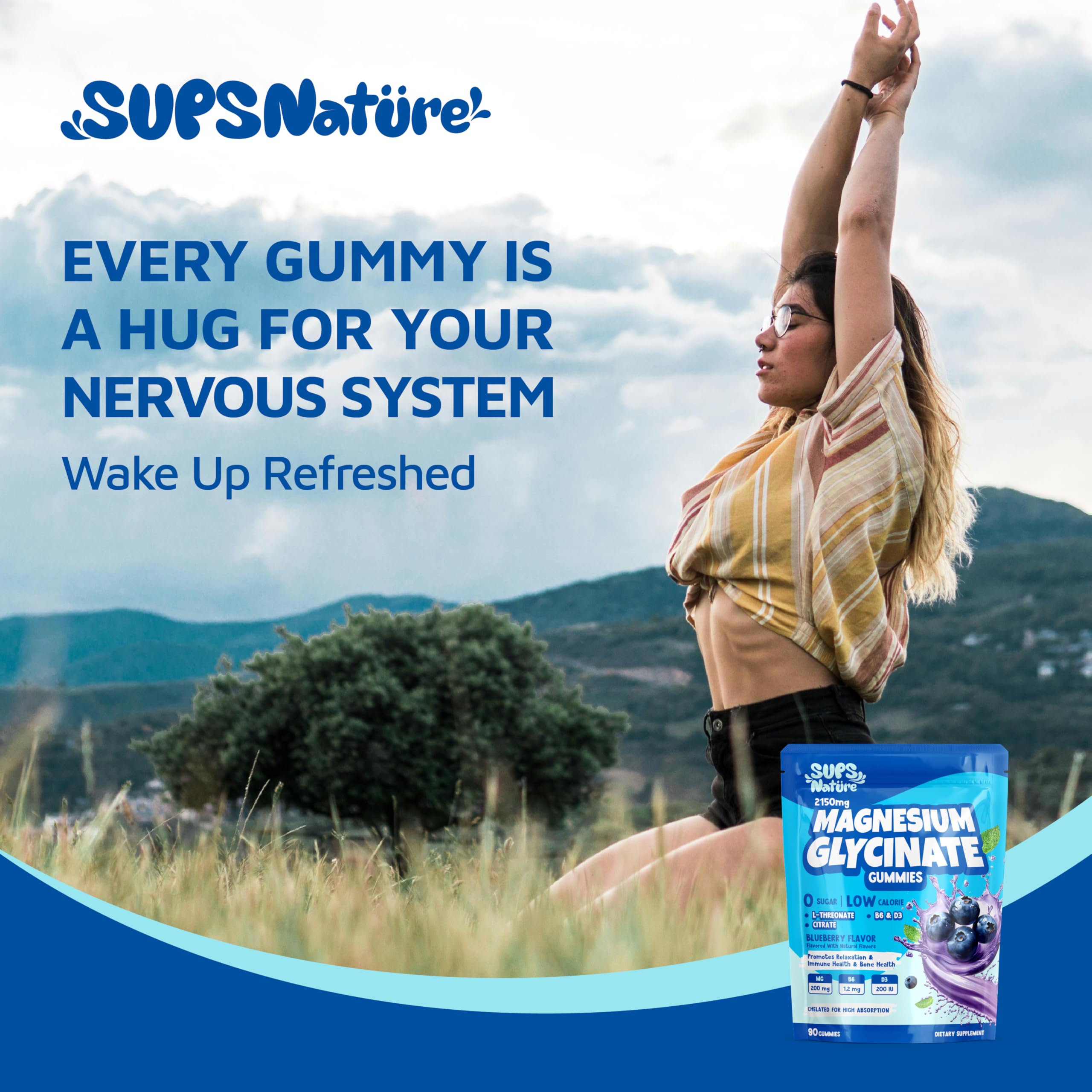 Sups Nature Magnesium Glycinate Gummies label highlights 90 count packaging for daily use.