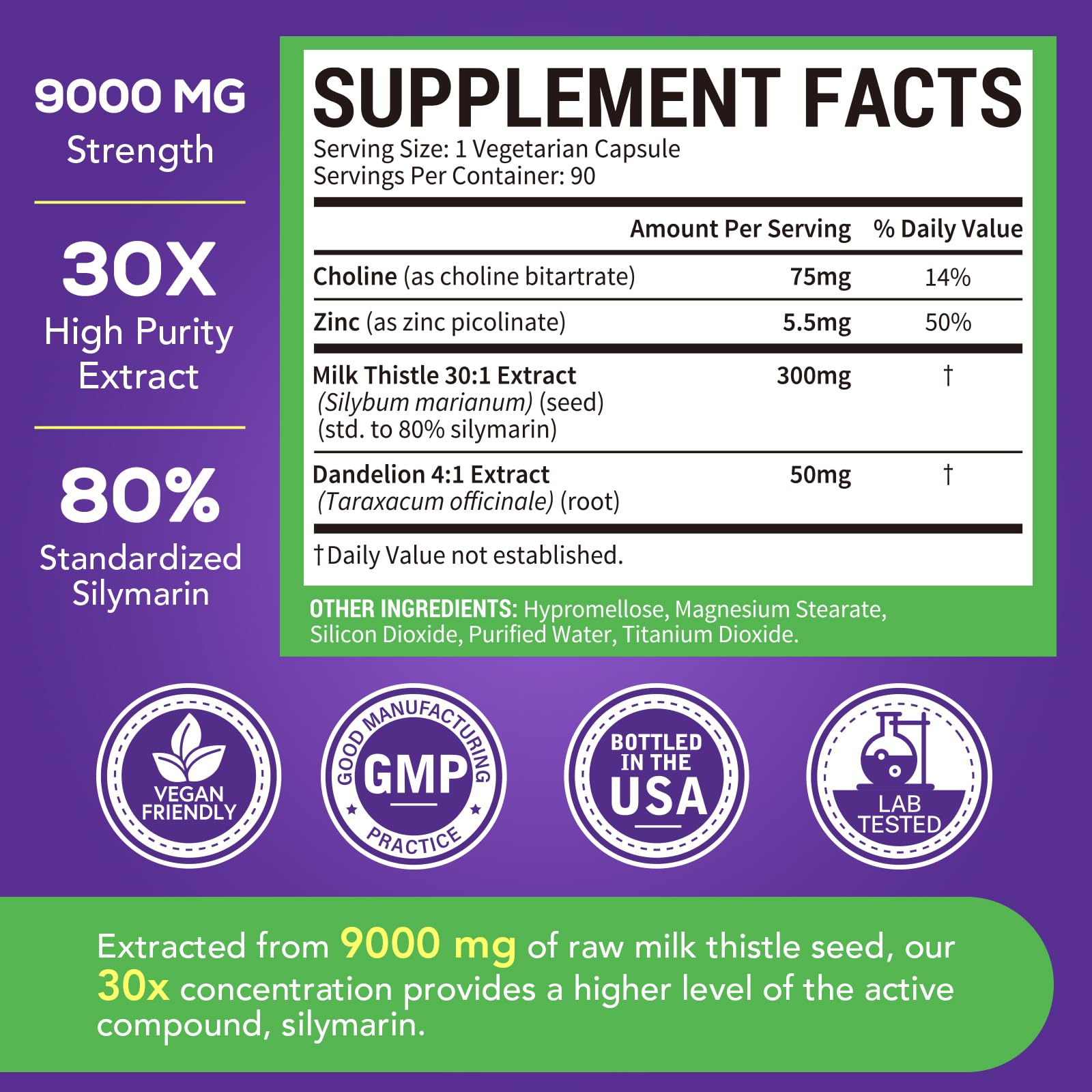 Surebounty 9000mg-strength capsules, crystal-clear bottle label emphasizing concentrated milk thistle power.