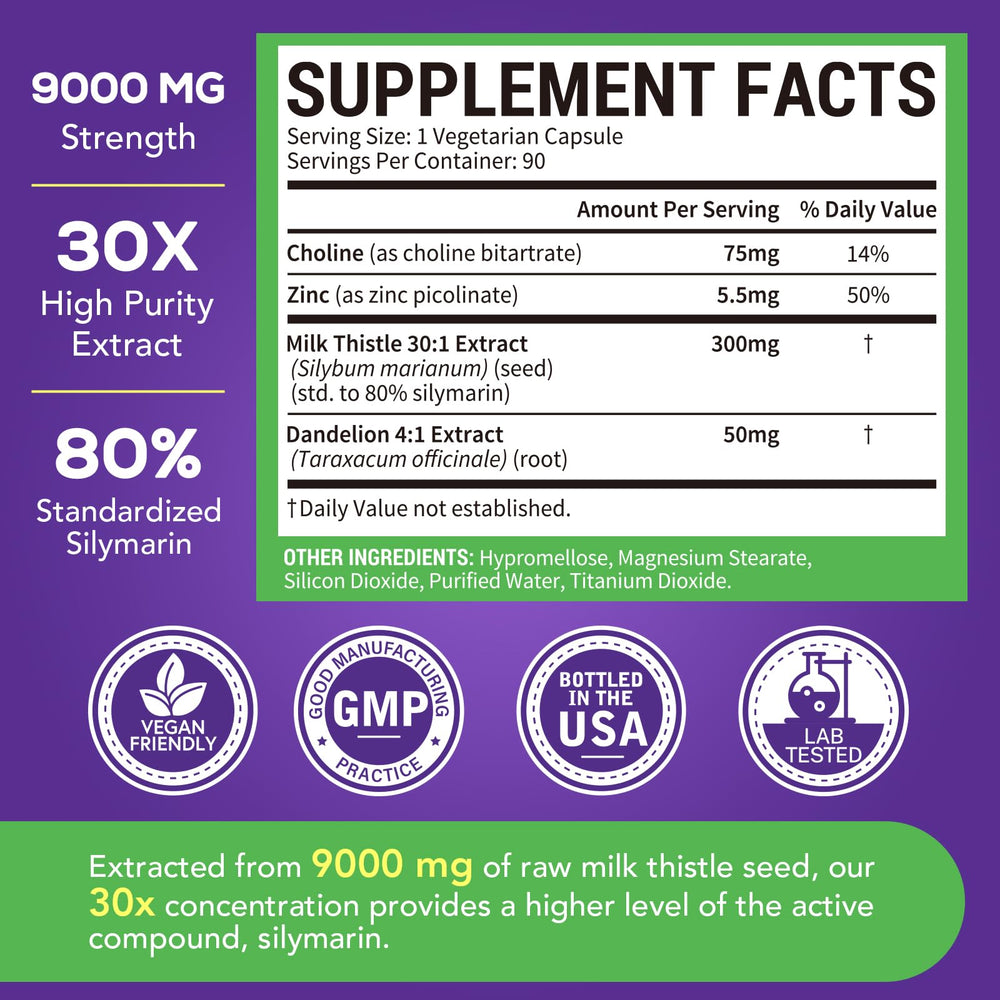 Surebounty 9000mg-strength capsules, crystal-clear bottle label emphasizing concentrated milk thistle power.