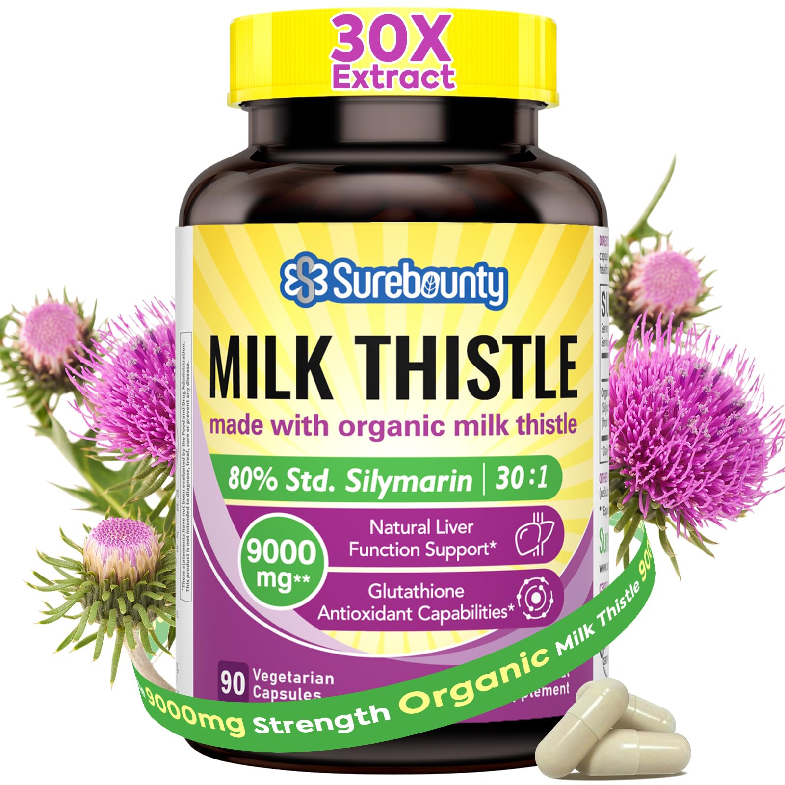 Surebounty milk thistle 9000mg bottle signals high potency for liver support.