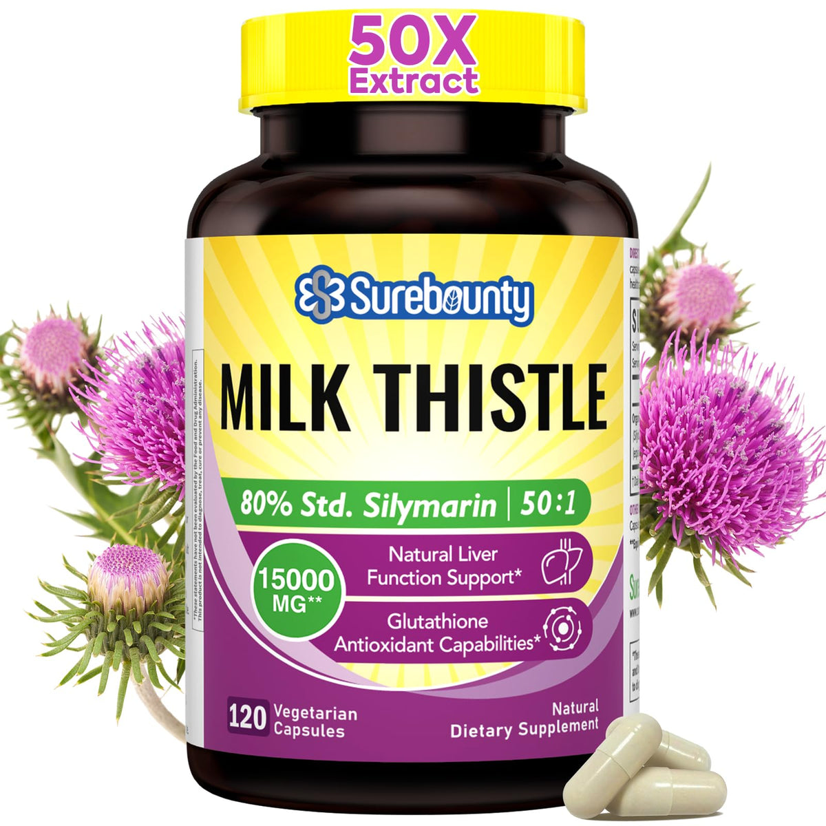 Surebounty milk thistle bottle front shows concentrated extract for liver support