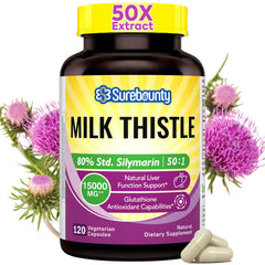 Surebounty milk thistle bottle front shows concentrated extract for liver support