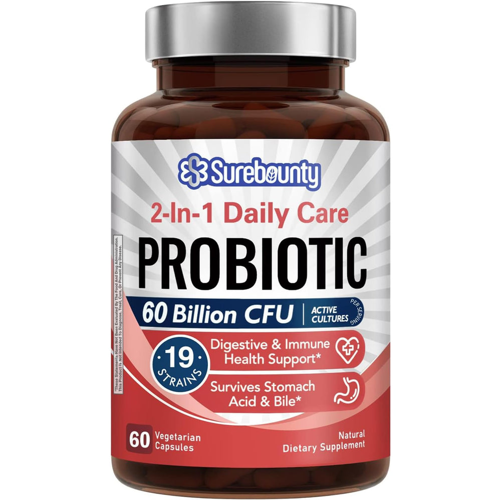 Surebounty Probiotics bottle front view showing 60B CFU and 19 strains for daily gut support.