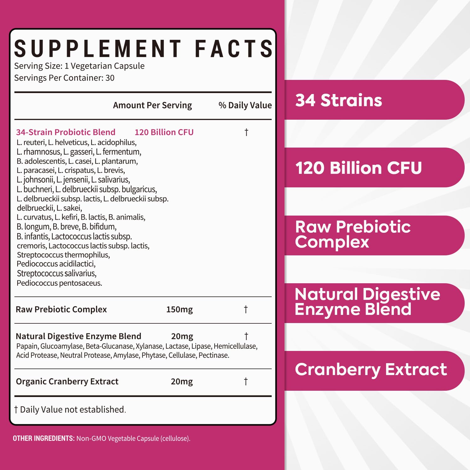 Ingredient blend close-up featuring 120B CFU, prebiotics, enzymes, and cranberry extract.