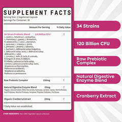 Ingredient blend close-up featuring 120B CFU, prebiotics, enzymes, and cranberry extract.