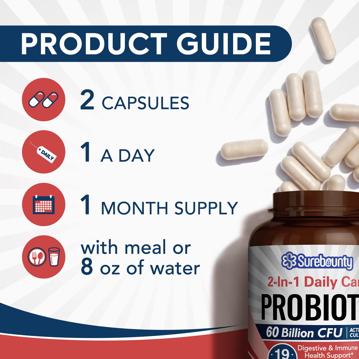 Surebounty probiotics on a kitchen shelf illustrating convenient shelf-stable storage.