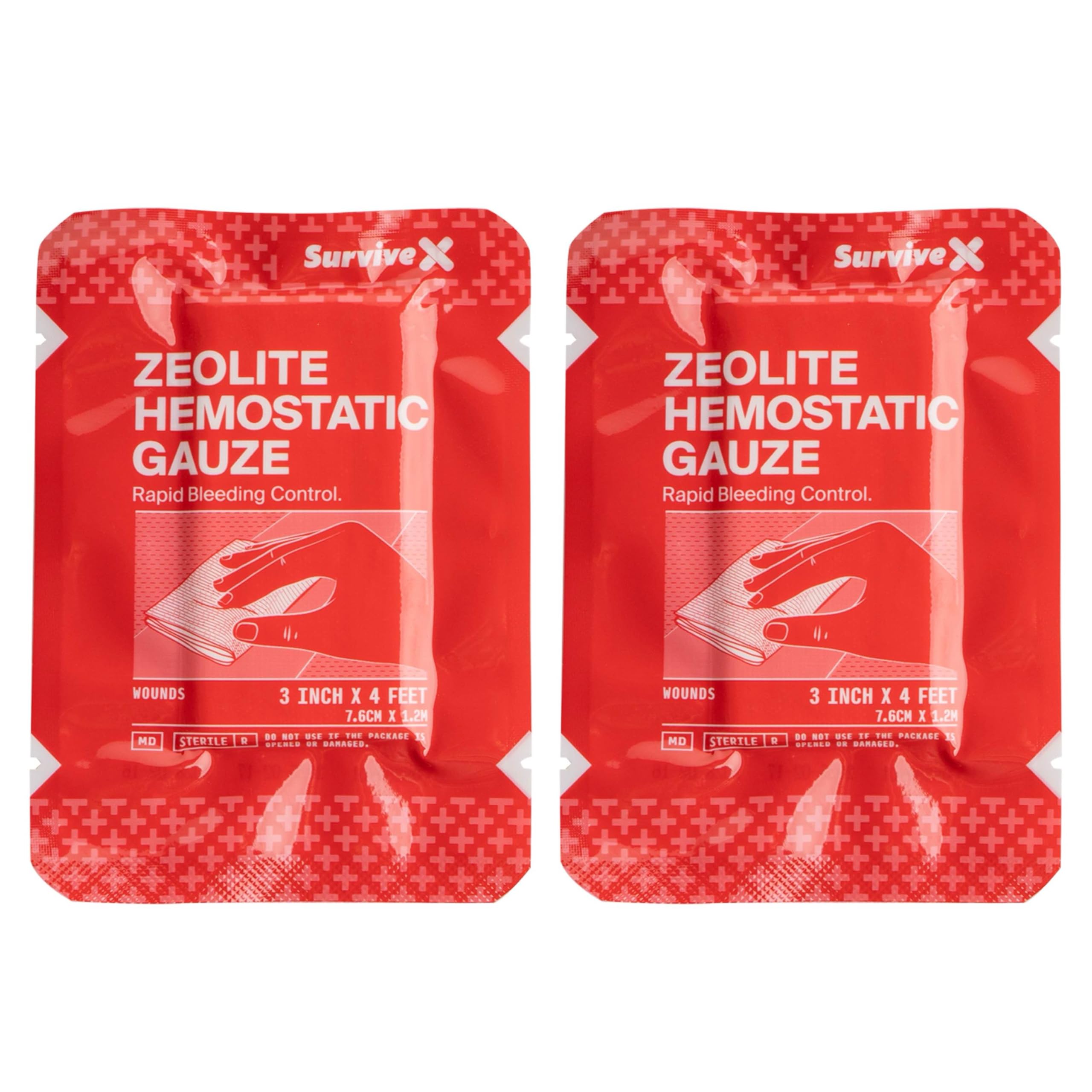 SurviveX hemostatic gauze 3x4 ft pack for rapid bleeding control.