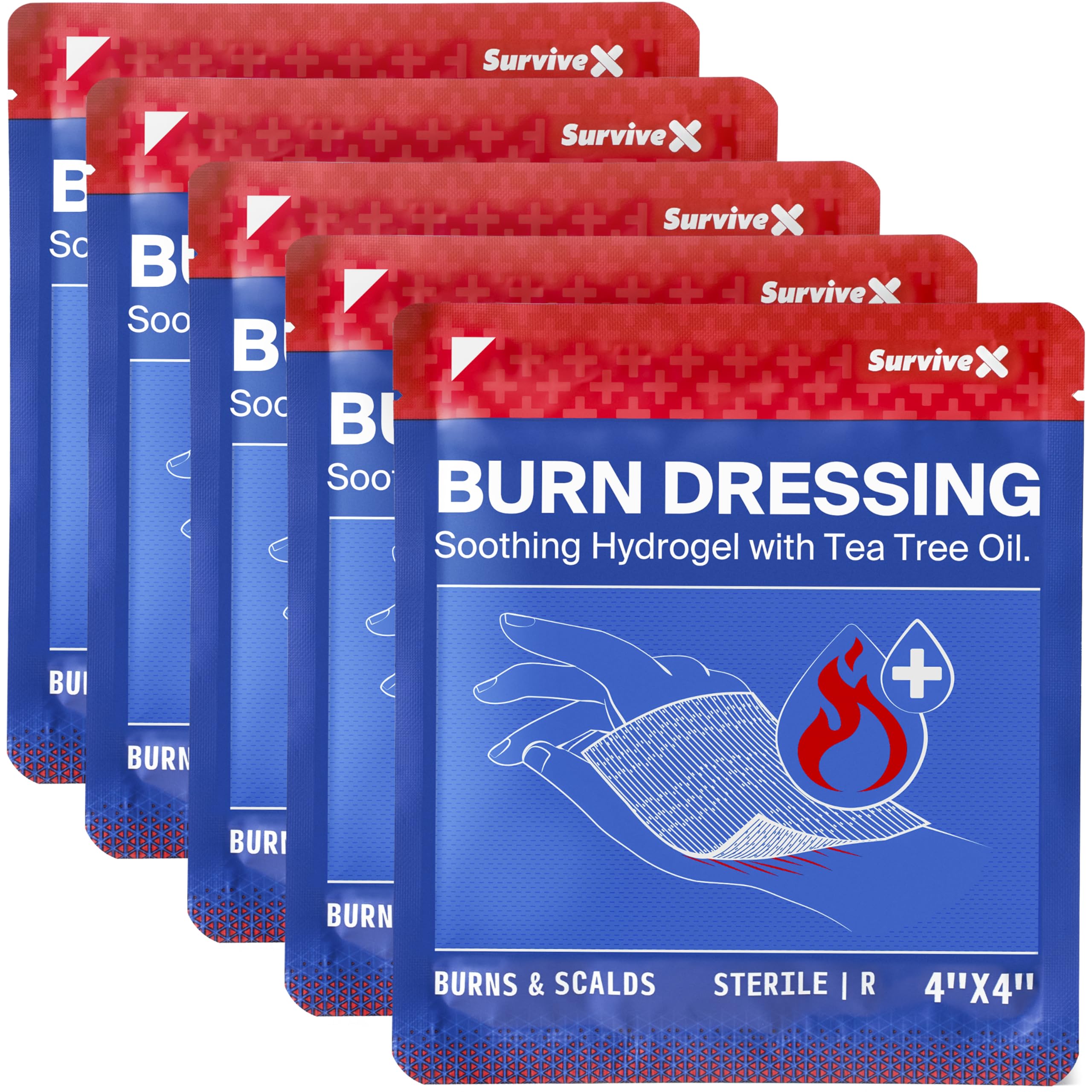 SurviveX hydrogel burn dressings in sterile 4x4 inch packs for cooling relief