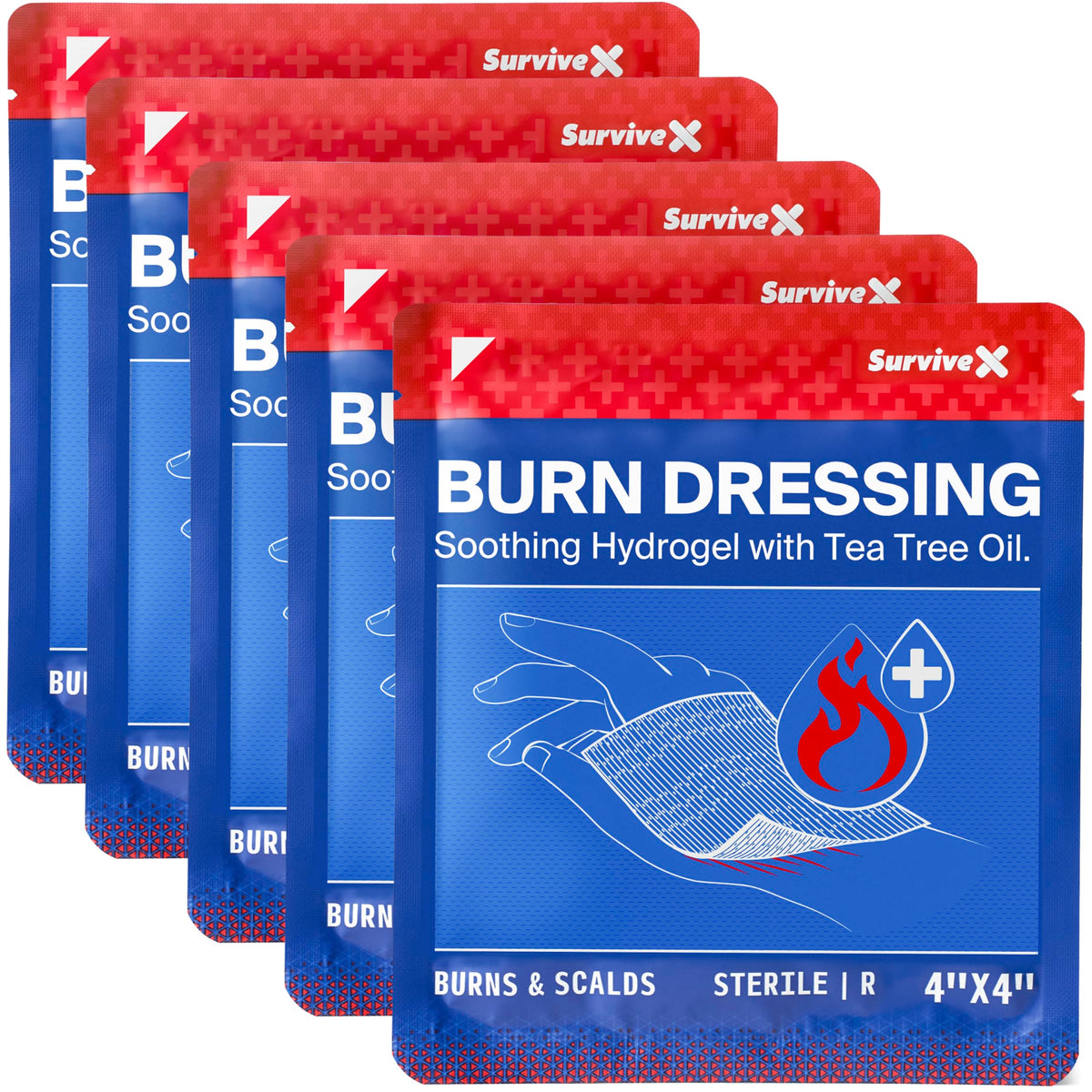 SurviveX hydrogel burn dressings in sterile 4x4 inch packs for cooling relief