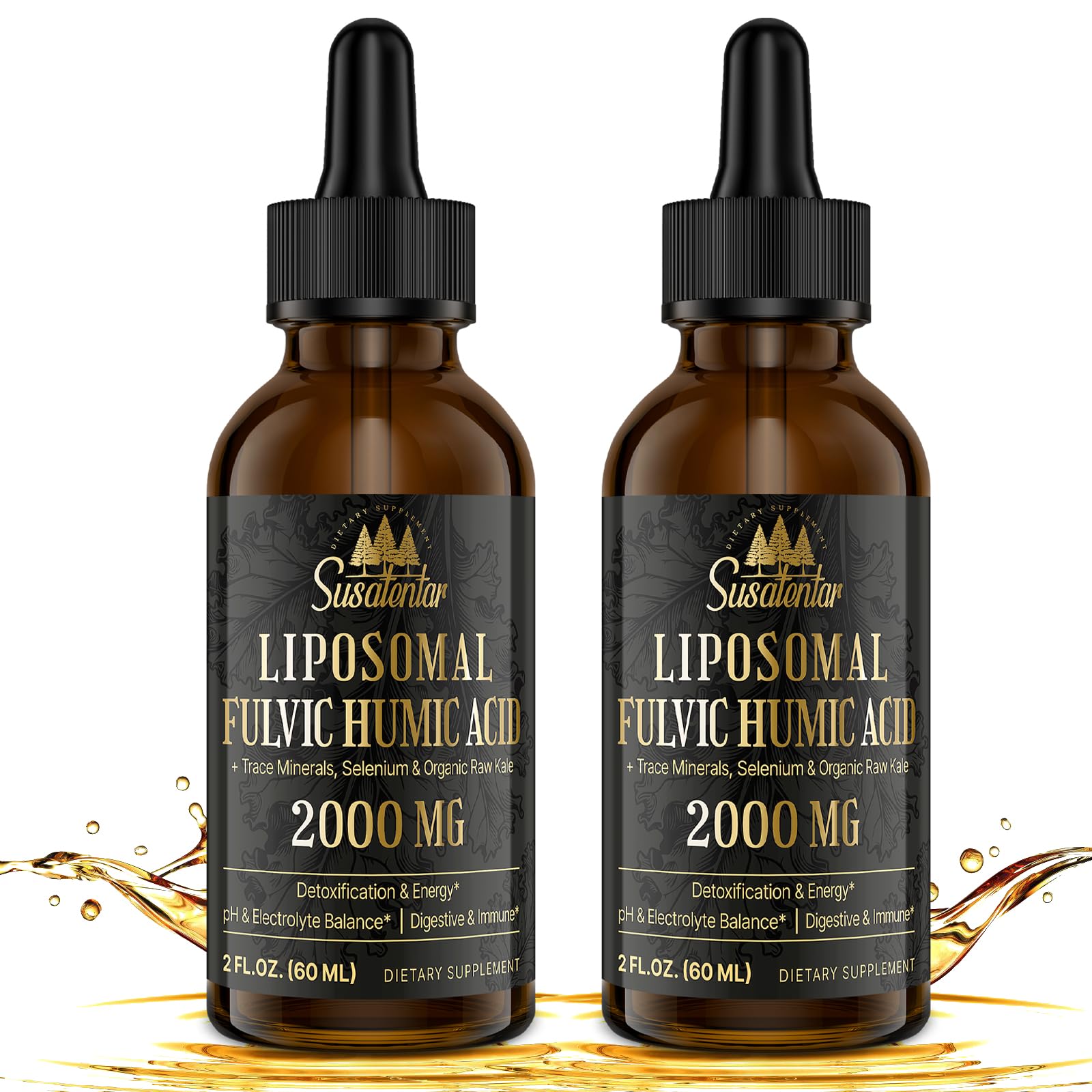 Susatentar 2000mg liposomal fulvic acid bottle shown for daily energy support.