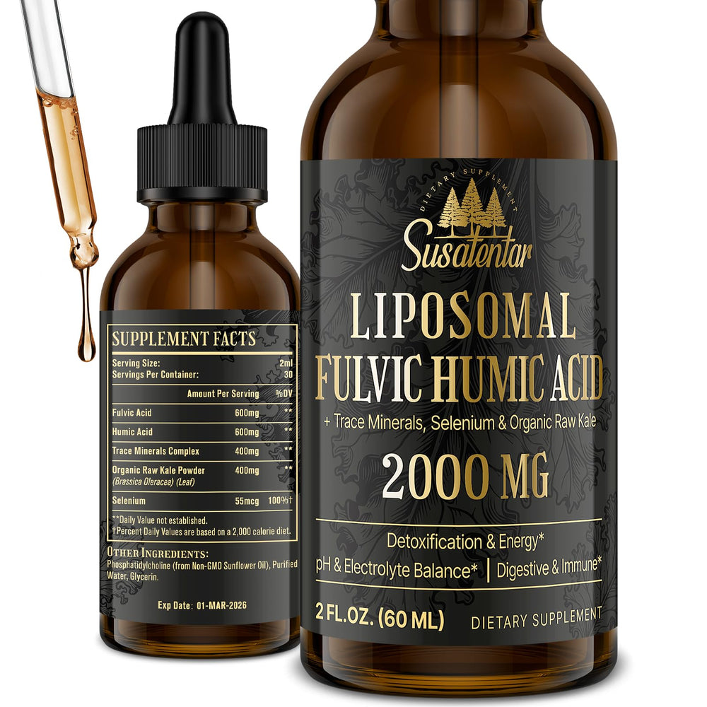 Susatentar 2000mg liposomal fulvic acid bottle highlights potent energy support and absorption.