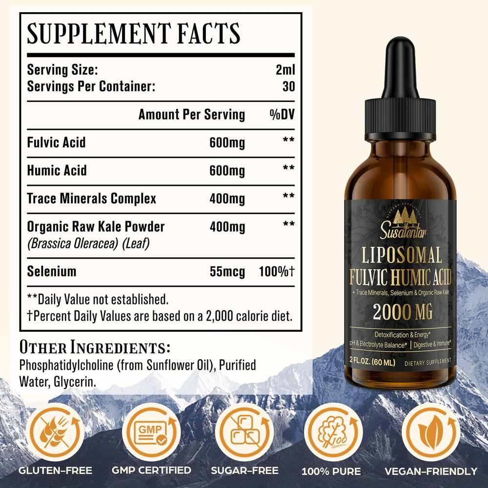 Susatentar humic acid and trace minerals liquid bottle suggests detox and mineral balance.