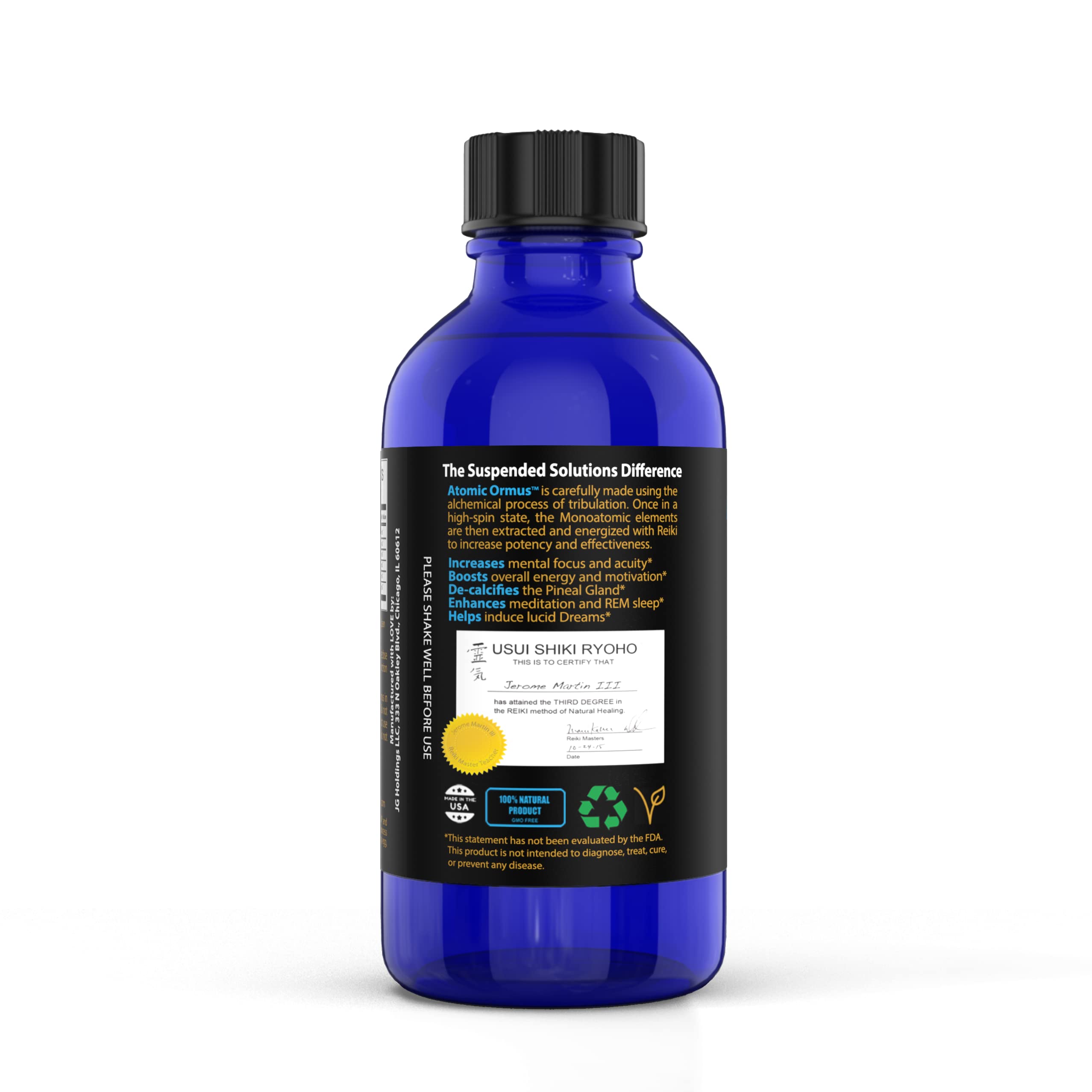 Suspended Solutions Atomic ORMUS glow under warm lighting, suggests rejuvenating energy.
