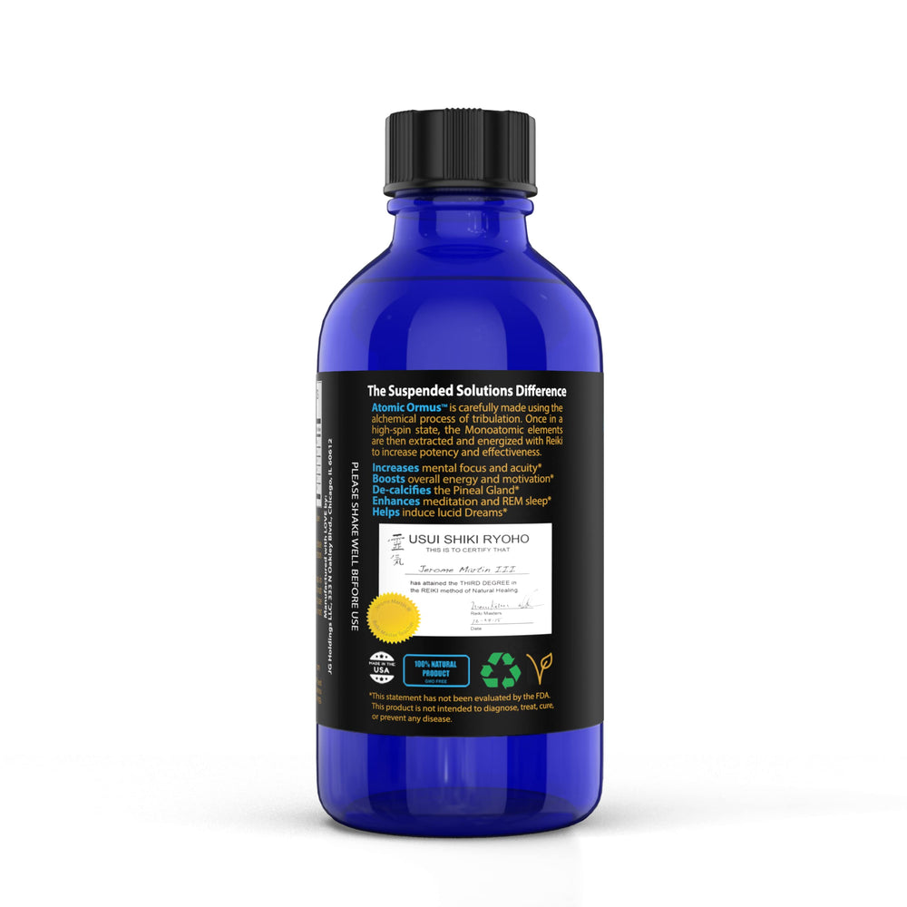 Suspended Solutions Atomic ORMUS glow under warm lighting, suggests rejuvenating energy.