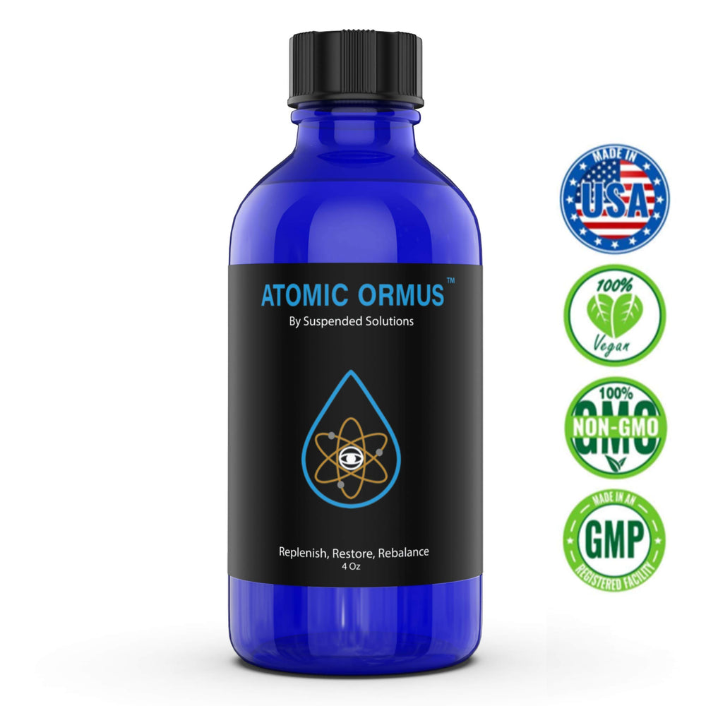Suspended Solutions Atomic ORMUS label close-up, highlighting pure monoatomic formula for clarity.