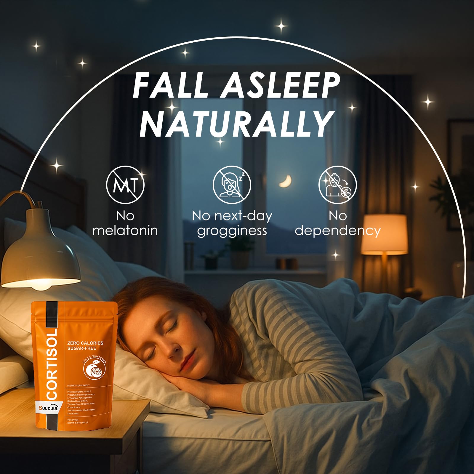 SUUDUUL Cortisol Drink ingredients like Ashwagandha indicate natural balance on packaging.