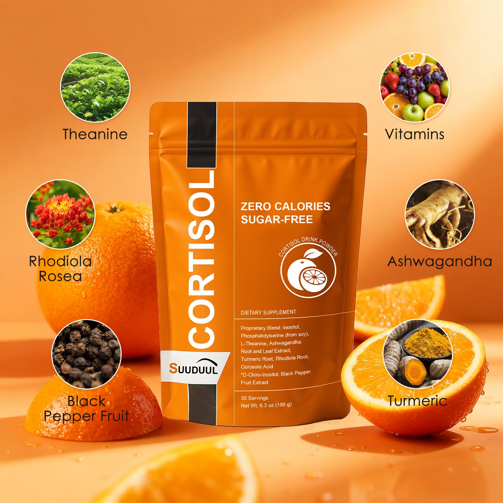 SUUDUUL Cortisol Drink label shows vegan and non-GMO credentials.