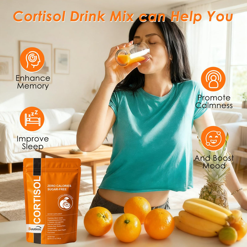 SUUDUUL Cortisol Drink bottle on desk, ready for a morning routine.