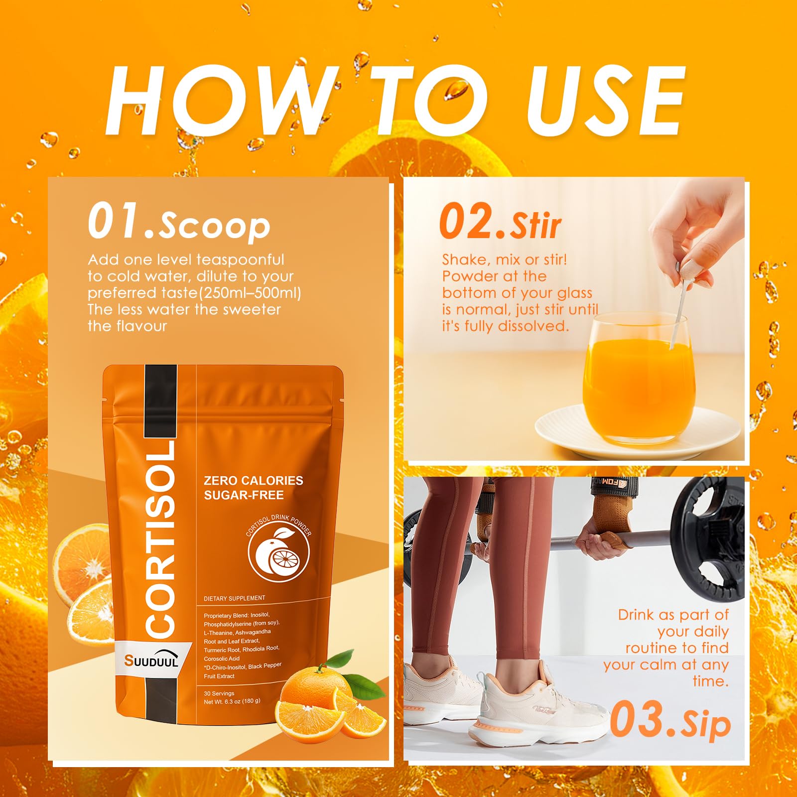 SUUDUUL Cortisol Drink mix beside morning tea, convenient single-scoop serving.