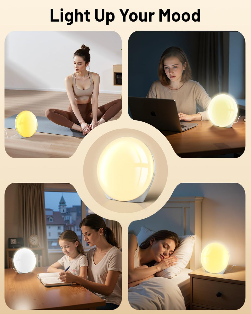 SUXIO light settings illustrate three brightness levels and energy-saving use