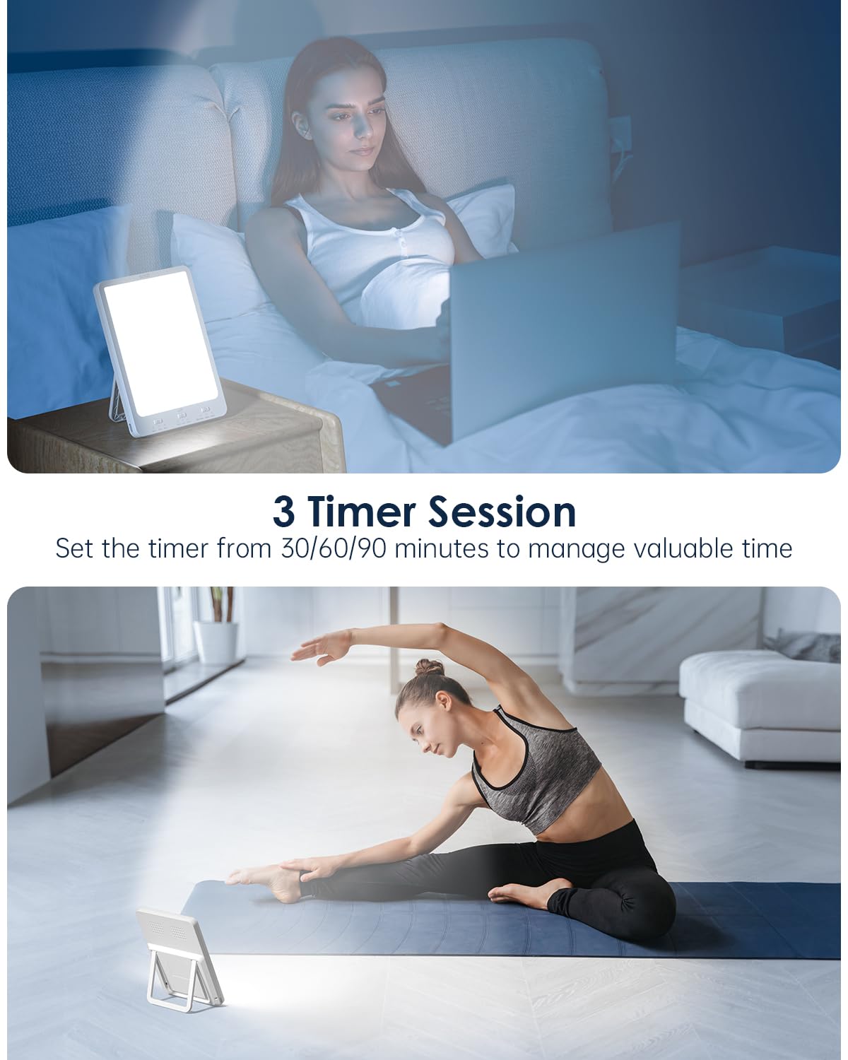 Timer settings on SUXIO lamp: 30/60/90 minutes for flexible sessions