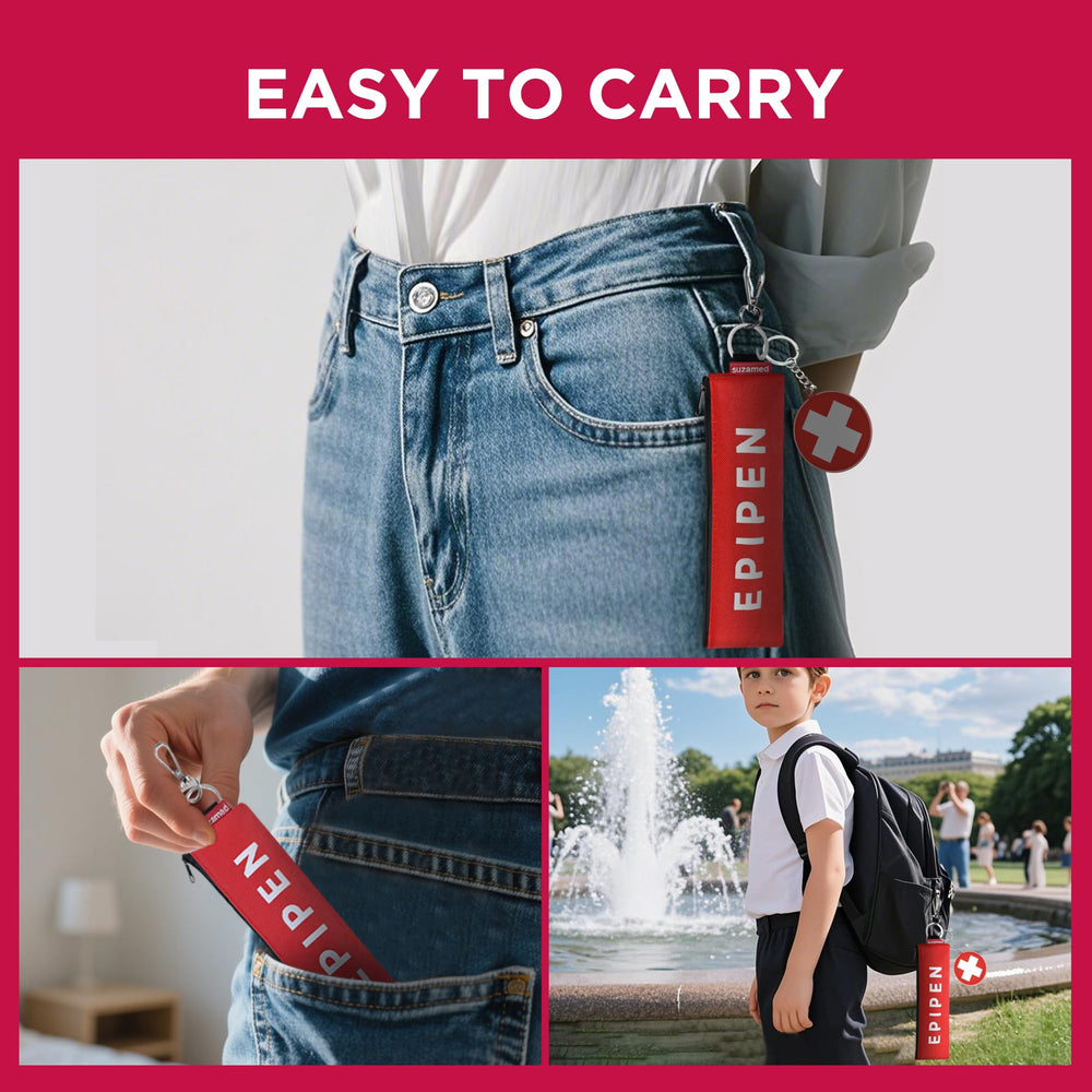 Suzamed EpiPen carry case attached to backpack for everyday safety