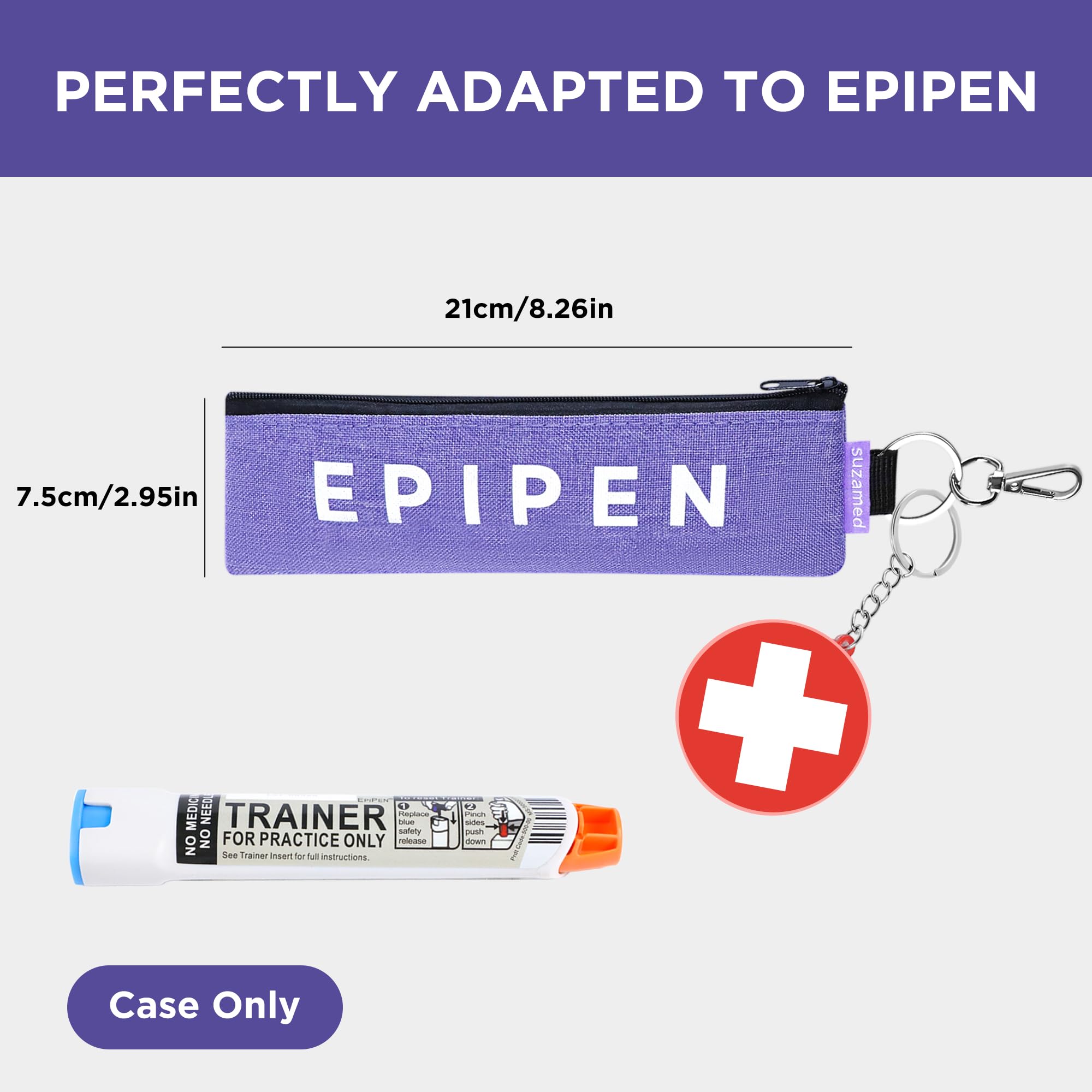 Suzamed epipen case with zipper closure protects contents from dust and loss