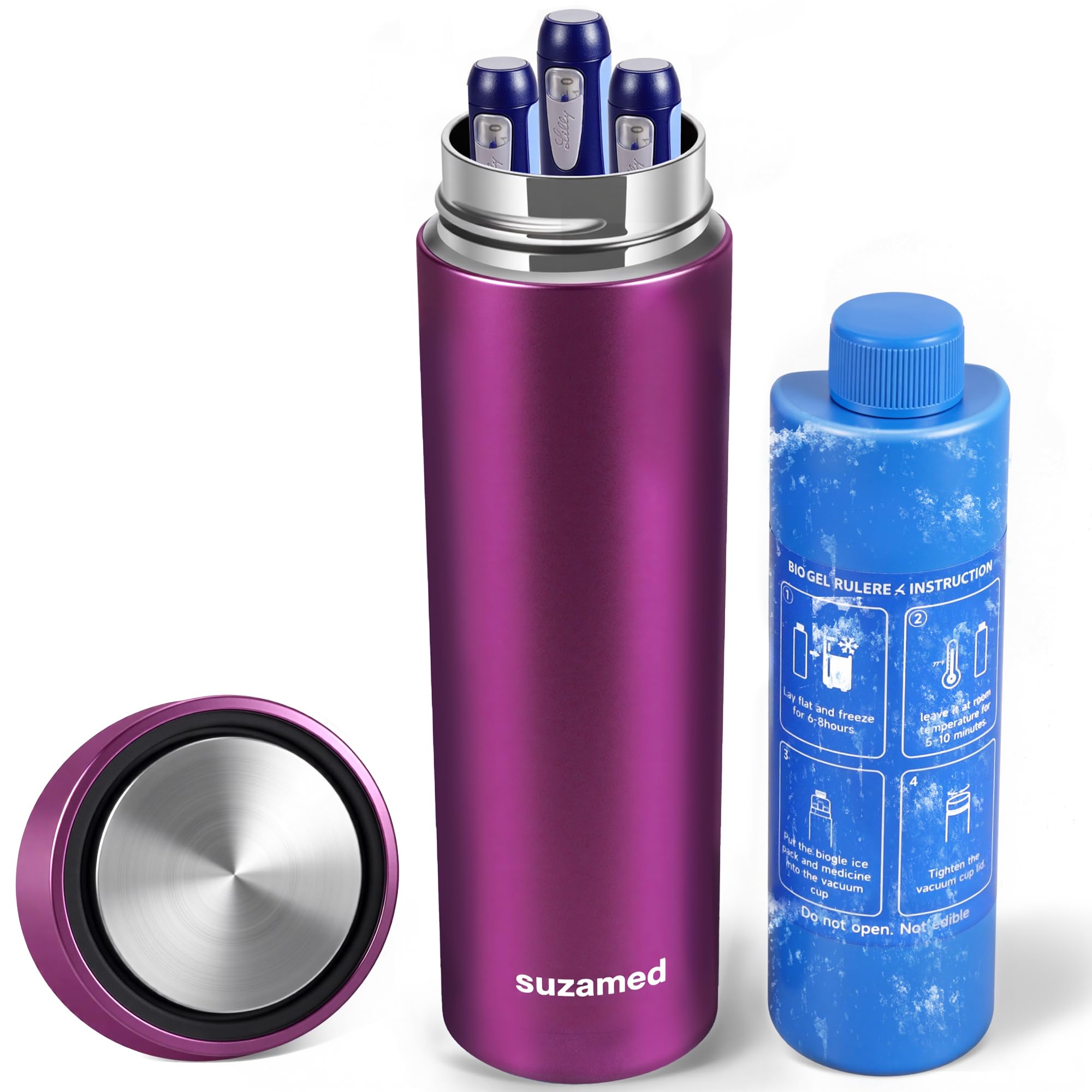 Suzamed insulin cooler travel case front view in purple, ideal for travel