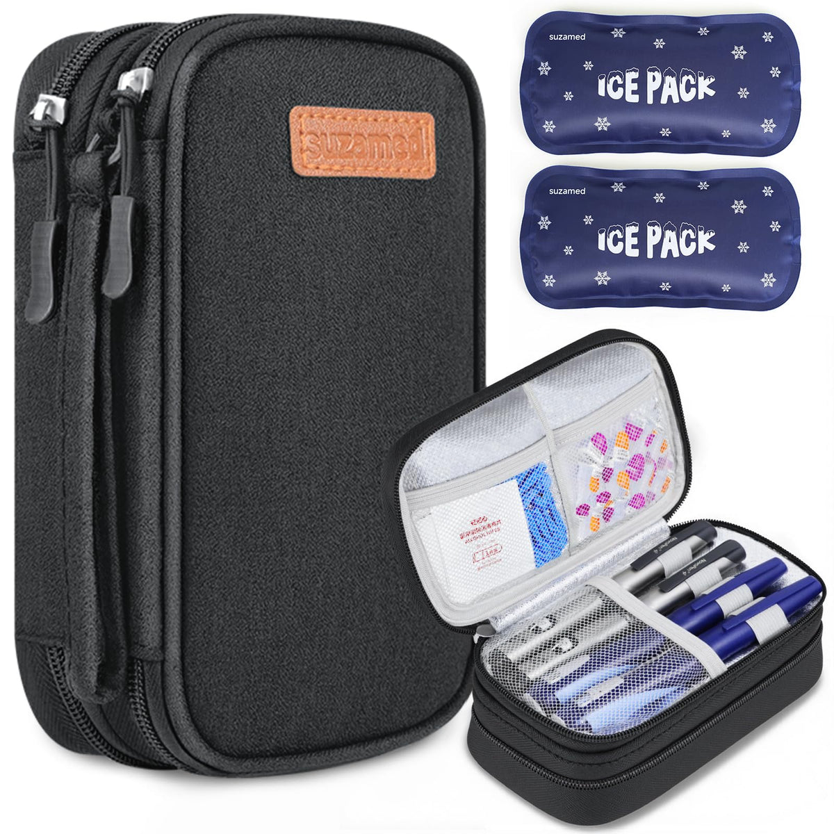 Suzamed insulin cooler travel case front view showing compact, portable design for pens
