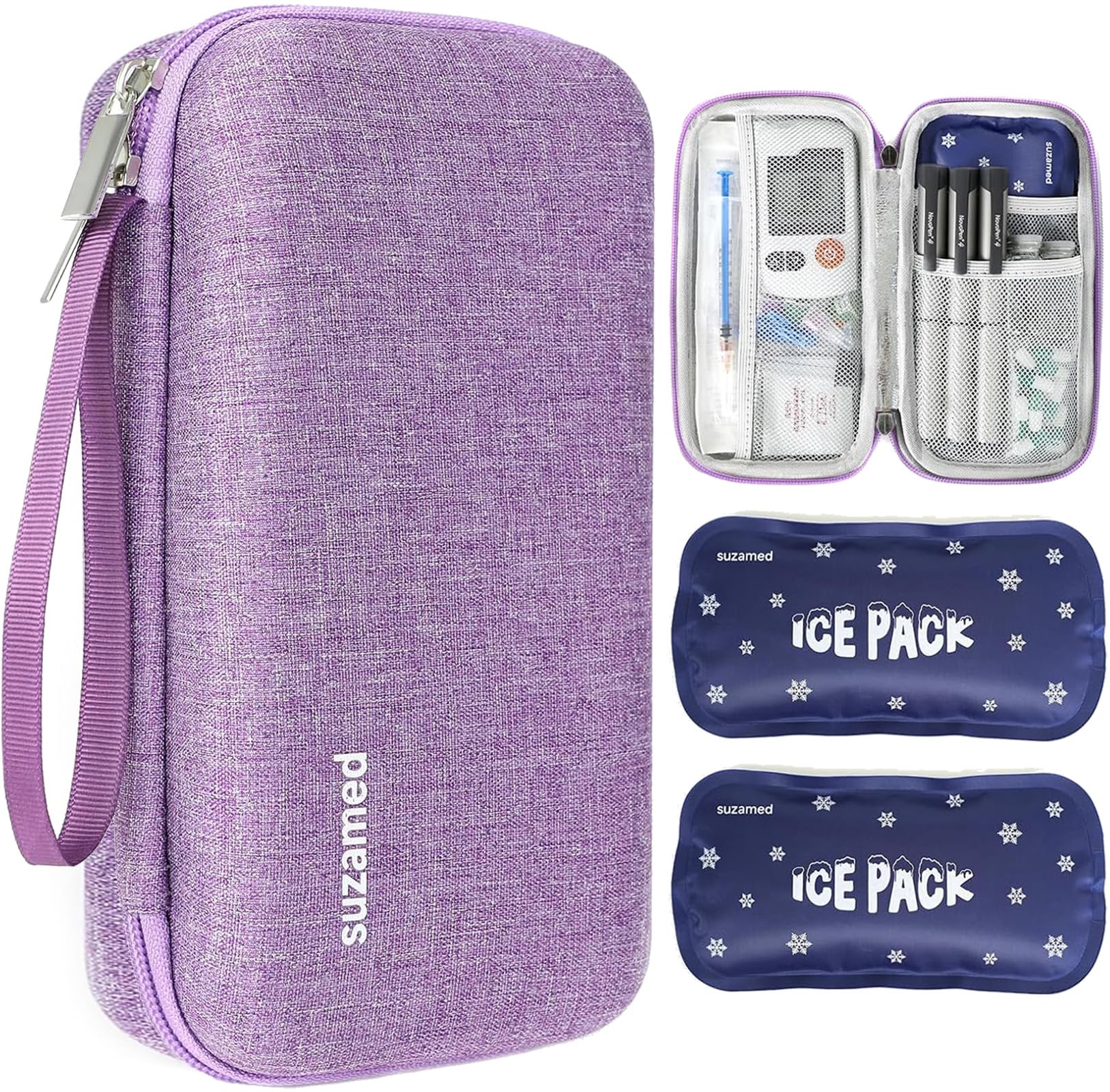 Suzamed insulin cooler travel case in purple, ideal for transporting diabetes supplies.